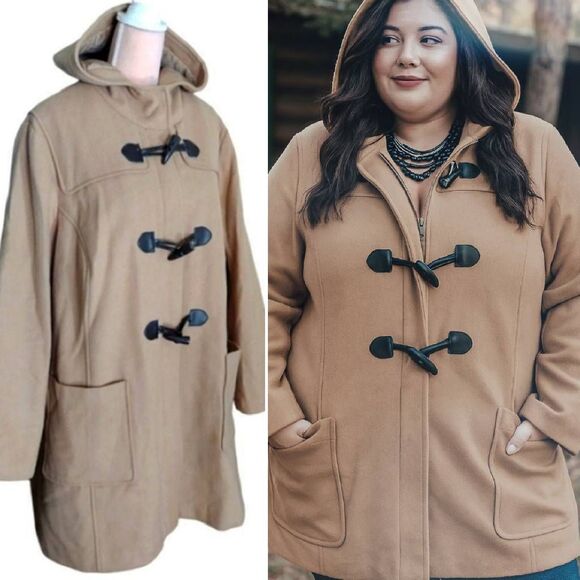 VTG Beige Wool Blended Hooded Lined Toggle Duffle Coat Plussize 24W - Picture 1 of 12